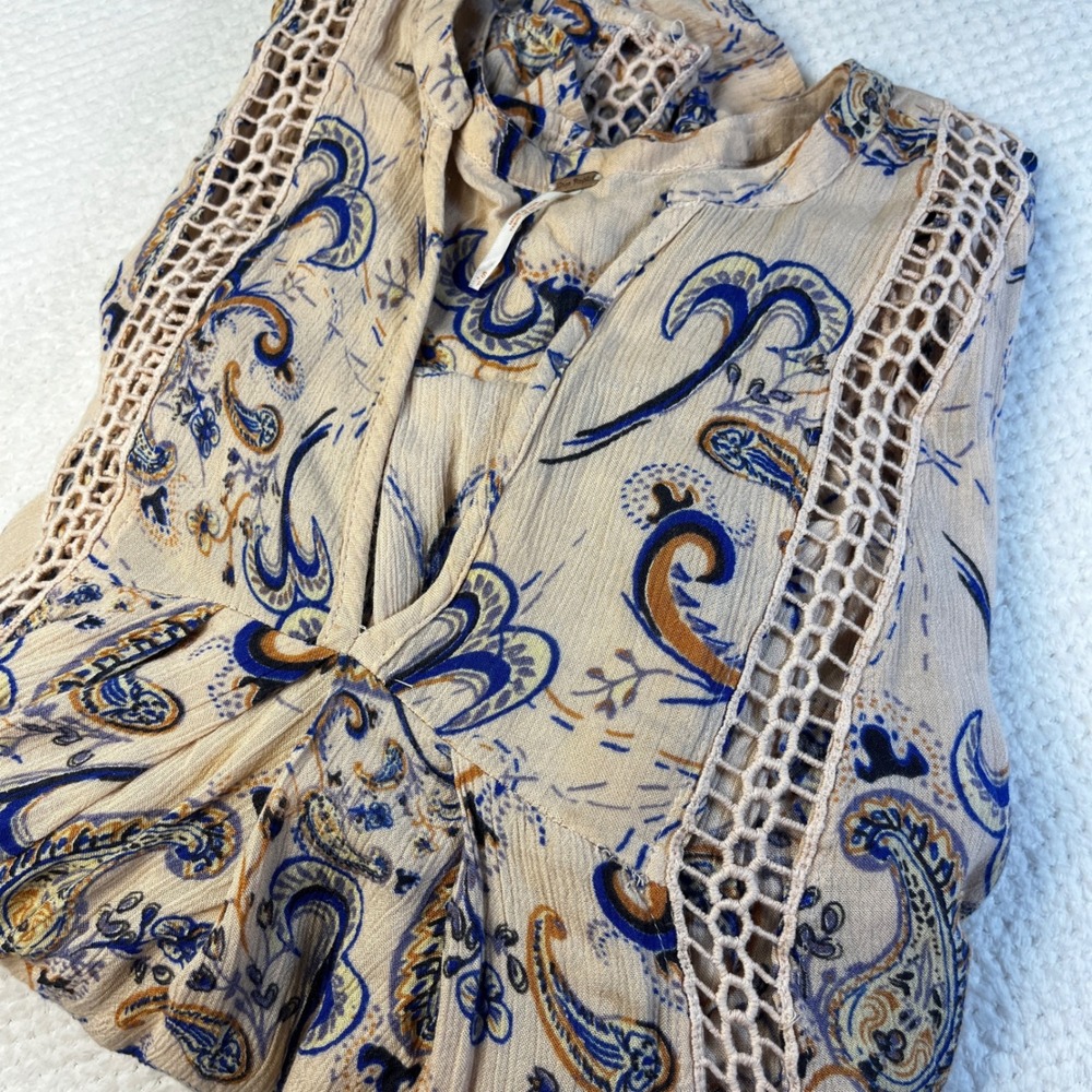 Free People Paisley Print Crochet Trim Long Sleeve Tunic Top‎ Boho Small